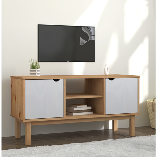 vidaXL TV-taso ruskea ja valkoinen 113,5x43x57 cm täysi mänty