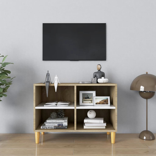 vidaXL TV-taso täyspuiset jalat valkoinen ja Sonoma-tammi 69,5x30x50cm