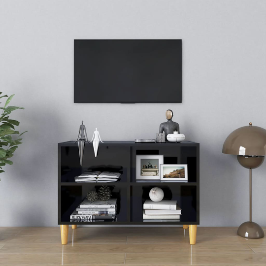 vidaXL TV-taso täyspuiset jalat korkeakiilto musta 69,5x30x50 cm