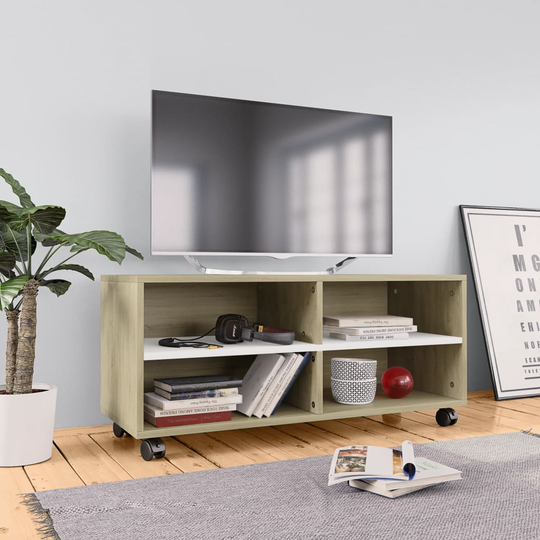 vidaXL TV-taso rullapyörillä valk./Sonoma-tammi 90x35x35 cm lastulevy