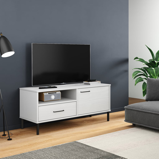 vidaXL TV-taso metallijaloilla valkoinen täysi mänty OSLO