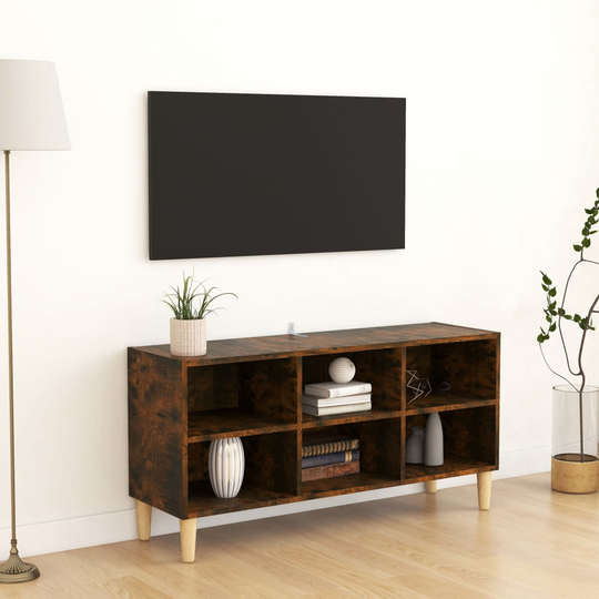 vidaXL TV-taso täyspuiset jalat savutammi 103,5x30x50 cm