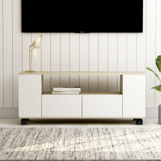 vidaXL TV-taso valkoinen ja Sonoma-tammi 120x35x43 cm lastulevy