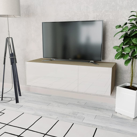 vidaXL TV-taso Lastulevy 120x40x34 cm Korkeakiilto Valkoinen ja Tammi