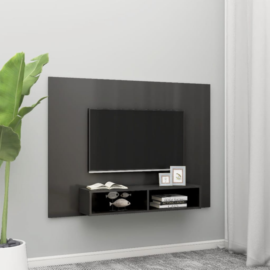 vidaXL TV-taso seinälle korkeakiilto harmaa 135x23,5x90 cm lastulevy
