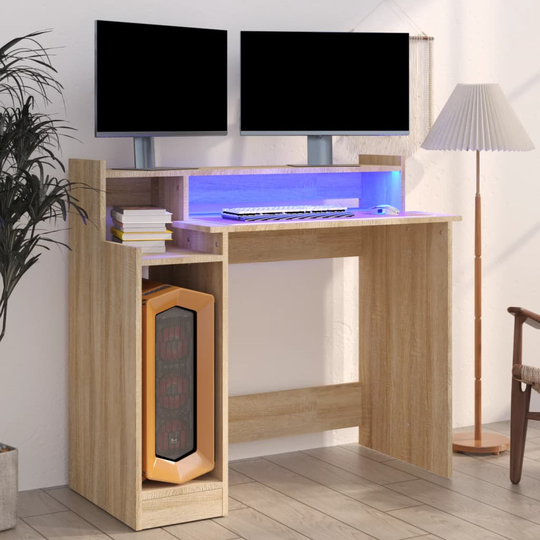 vidaXL Työpöytä LED-valoilla Sonoma-tammi 97x90x45 cm tekninen puu