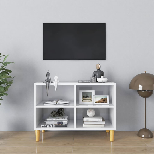 vidaXL TV-taso täyspuiset jalat korkeakiilto valkoinen 69,5x30x50 cm
