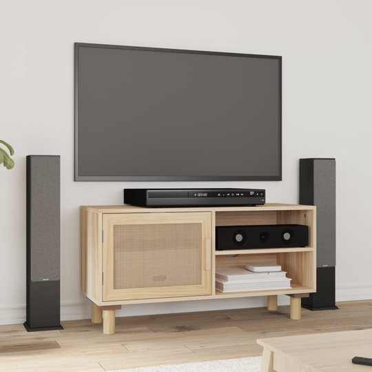 vidaXL TV-taso ruskea 80x30x40 cm täysi mänty ja luonnonrottinki