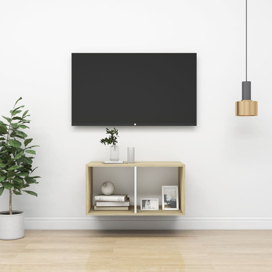vidaXL Seinäkiinnitettävä TV-taso tammi ja valk. 37x37x72 cm lastulevy