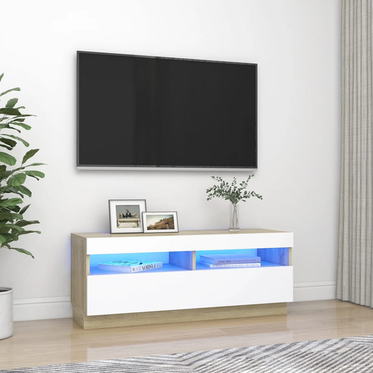 vidaXL TV-taso LED-valoilla valkoinen ja Sonoma-tammi 100x35x40 cm
