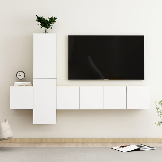 vidaXL 5-osainen TV-kaappisarja valkoinen ja Sonoma-tammi lastulevy