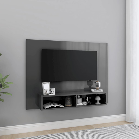 vidaXL TV-taso seinälle korkeakiilto harmaa 120x23,5x90 cm lastulevy