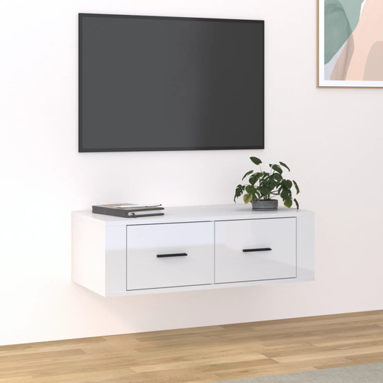 vidaXL Seinä TV-taso korkeakiilto valkoinen 80x36x25 cm tekninen puu